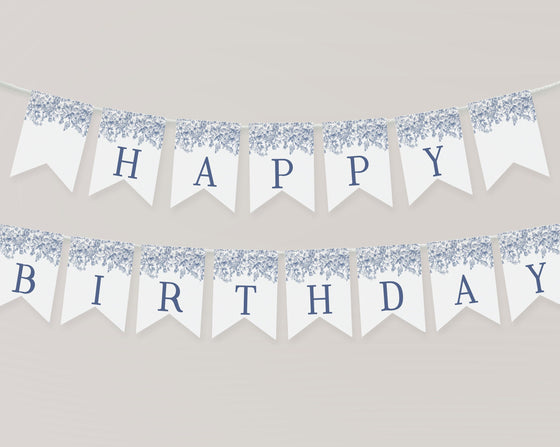 Blue Chinoiserie Happy Birthday Banner Printable Template, Elegant Blue Toile Decor for Birthday Party, French Theme Birthday Party Spring