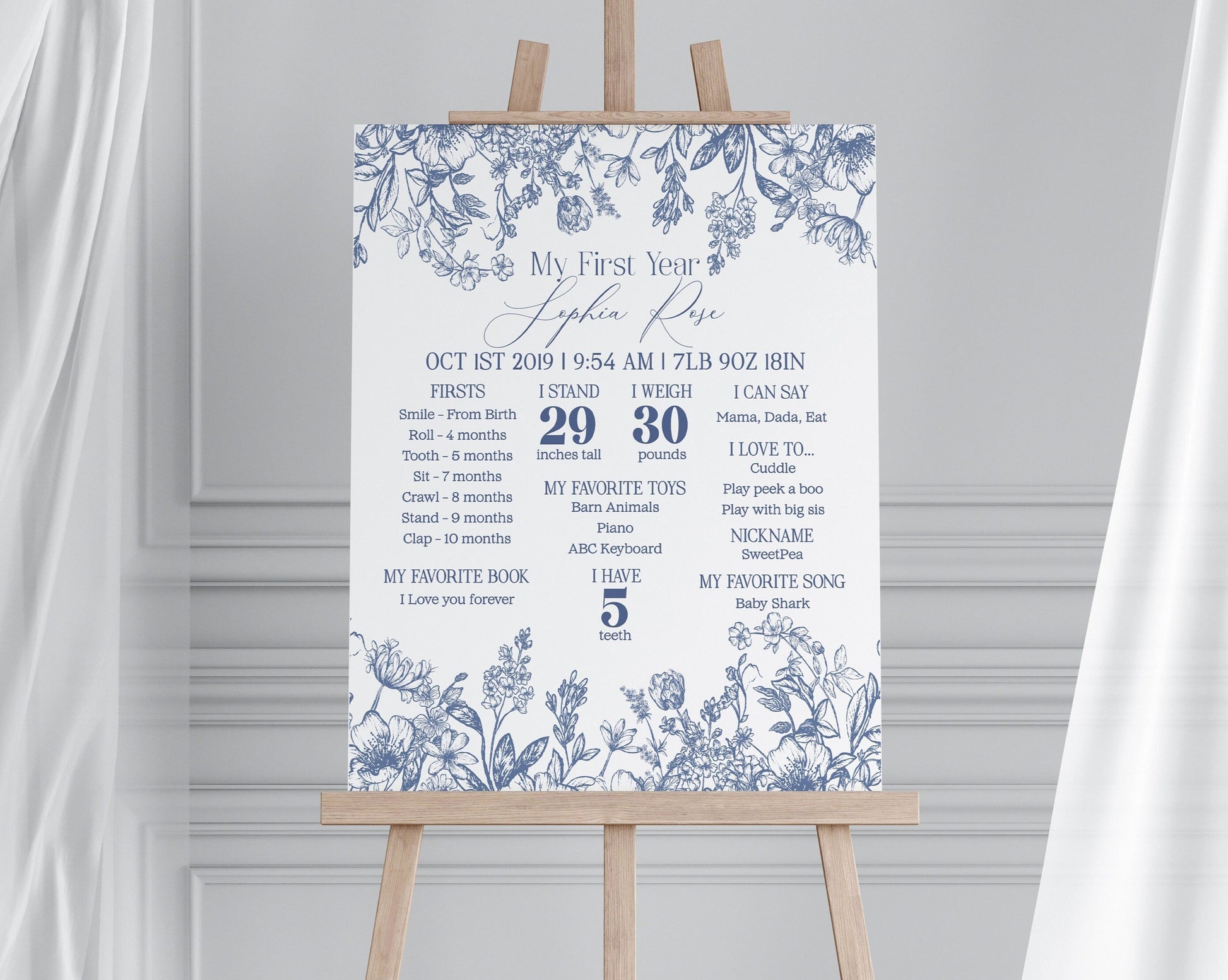 Blue Chinoiserie First Year Milestone Sign Instant Download, Elegant Blue Toile Decor for Birthday Party, French Theme Birthday Party Spring