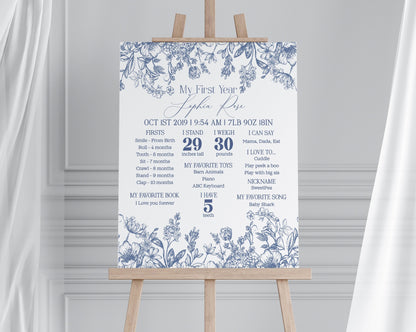 Blue Chinoiserie First Year Milestone Sign Instant Download, Elegant Blue Toile Decor for Birthday Party, French Theme Birthday Party Spring