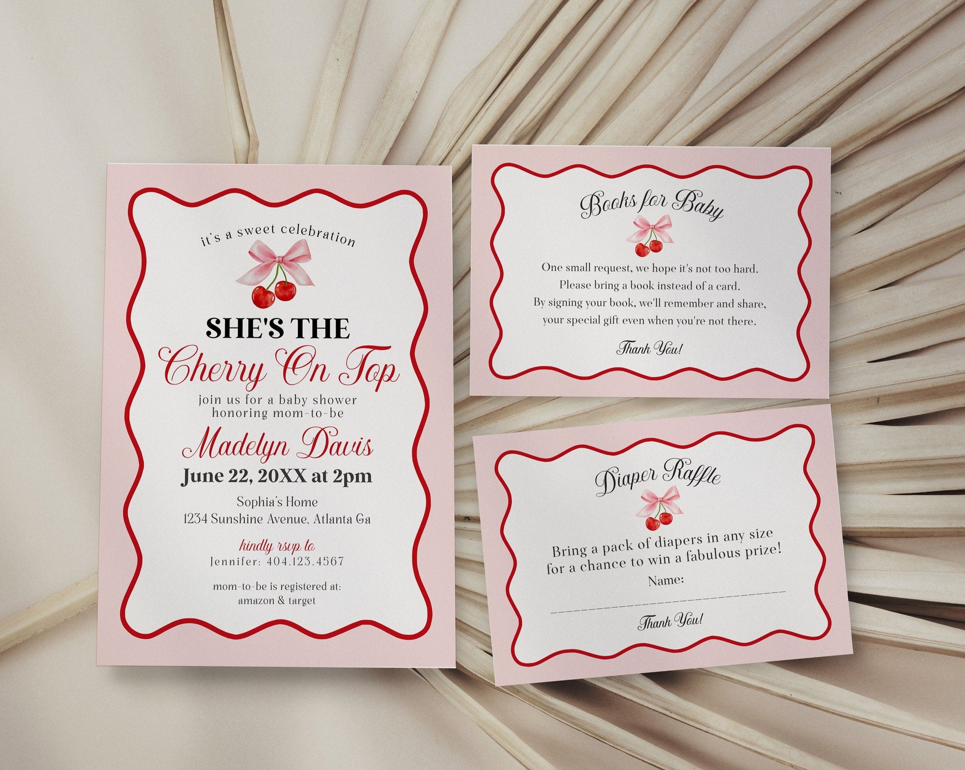 Cherry Sweet Baby Shower Invitation Printable Template, Cherry on Top Theme Spring or Summer Shower for girl, pink and red wavy soda shop