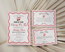  Cherry Sweet Baby Shower Invitation Printable Template, Cherry on Top Theme Spring or Summer Shower for girl, pink and red wavy soda shop