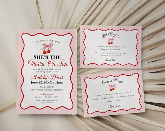 Cherry Sweet Bridal Shower Invitation Printable Template, Cherry on Top Theme Spring or Summer Shower for girl, pink and red wavy soda shop