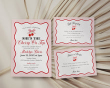  Cherry Sweet Bridal Shower Invitation Printable Template, Cherry on Top Theme Spring or Summer Shower for girl, pink and red wavy soda shop