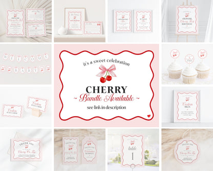 Cherry Sweet Birthday Invitation Printable Template, Cherry on Top Theme Spring or Summer Party for girl, pink & red wavy soda shop decor