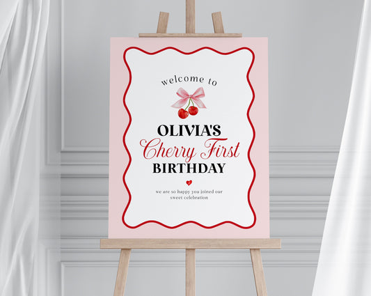 Cherry Sweet 1st Birthday Welcome Sign Printable Template, Cherry on Top Theme Spring or Summer Party for girl, pink and red wavy soda shop