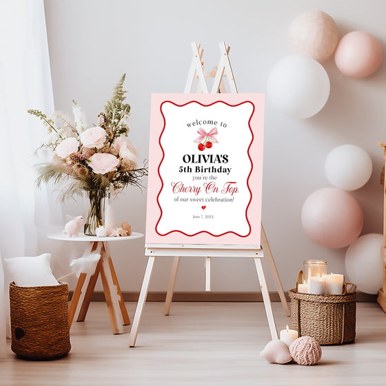 Cherry Sweet Birthday Welcome Sign Printable Template, Cherry on Top Theme Spring or Summer Party for girl, pink and red wavy soda shop