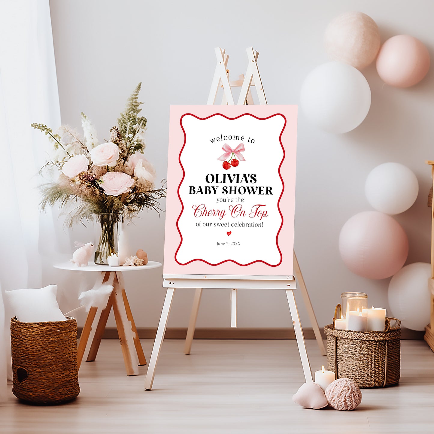 Cherry Sweet Baby Shower Welcome Sign Printable Template, Cherry on Top Theme Spring or Summer Shower for girl, pink and red wavy soda shop