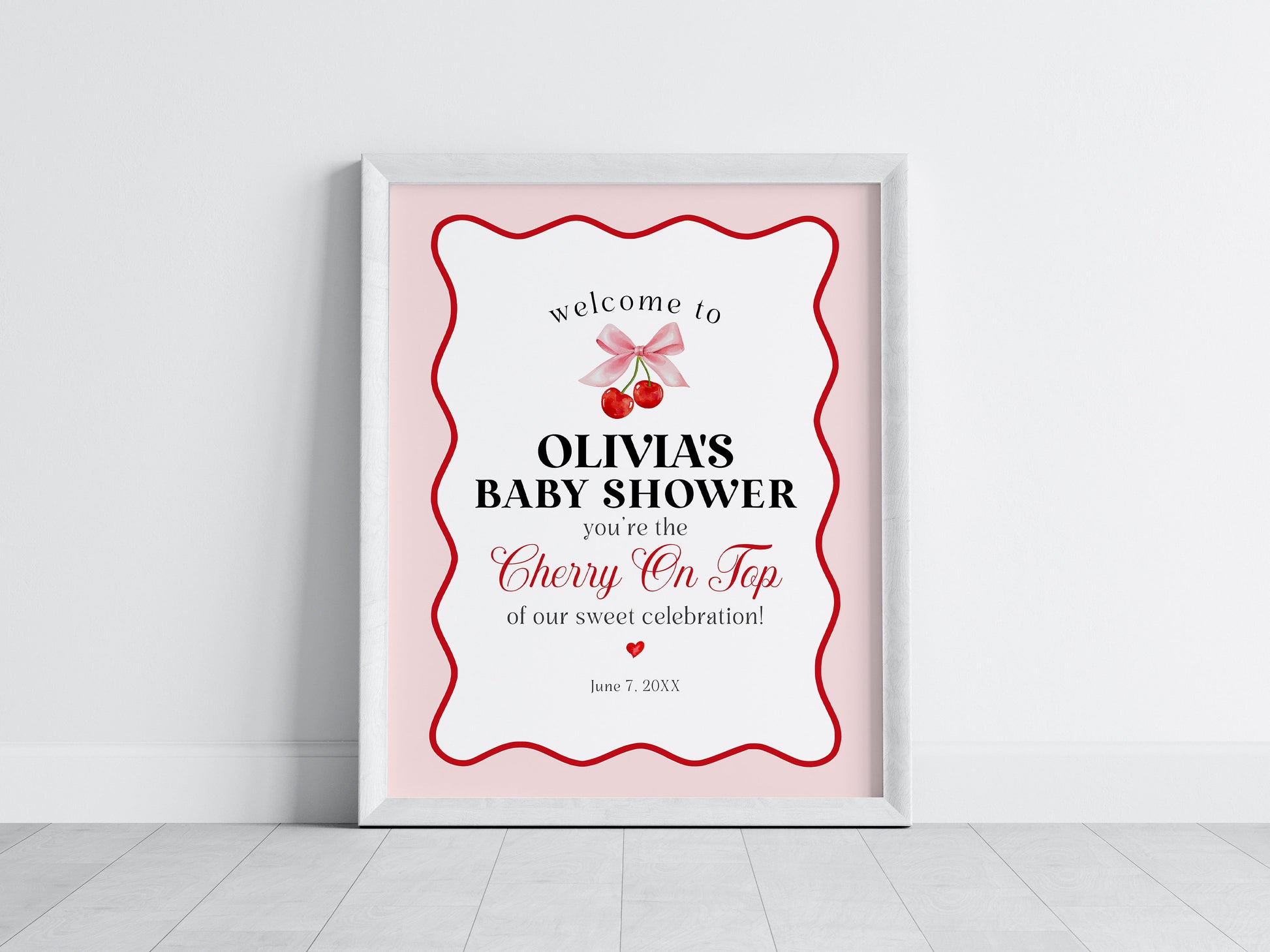 Cherry Sweet Baby Shower Welcome Sign Printable Template, Cherry on Top Theme Spring or Summer Shower for girl, pink and red wavy soda shop