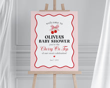  Cherry Sweet Baby Shower Welcome Sign Printable Template, Cherry on Top Theme Spring or Summer Shower for girl, pink and red wavy soda shop