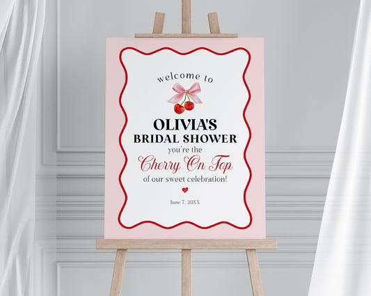 Cherry Sweet Bridal Shower Welcome Sign Printable Template, Cherry on Top Theme Spring or Summer Shower for girl pink and red wavy soda shop