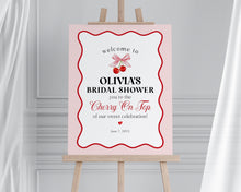  Cherry Sweet Bridal Shower Welcome Sign Printable Template, Cherry on Top Theme Spring or Summer Shower for girl pink and red wavy soda shop