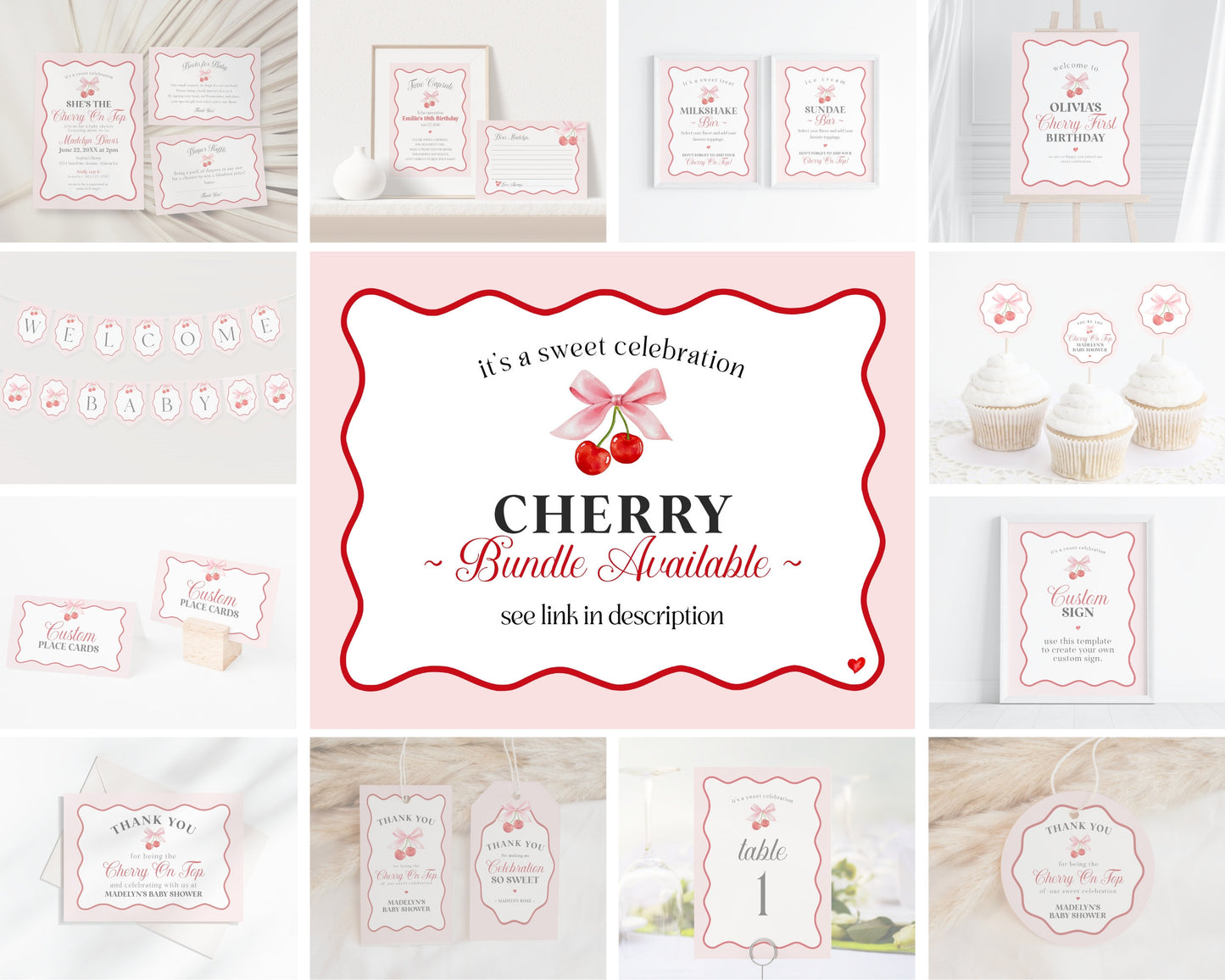 Cherry Sweet Cupcake Toppers Printable for Baby Birthday and Bridal Shower, Cherry on Top Theme Spring or Summer Party for girl