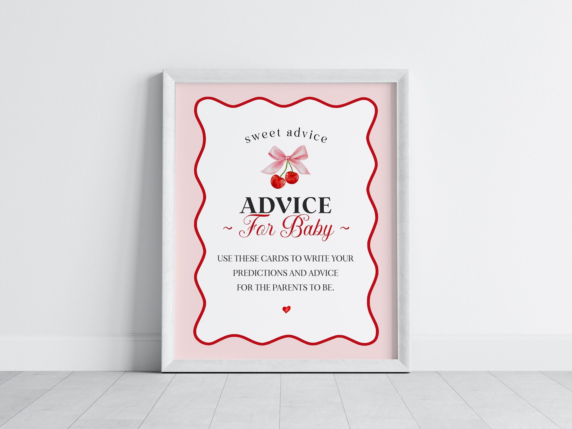 Cherry Sweet Advice for Baby Cards Printable Template, Cherry on Top Theme Spring or Summer Party for girl, pink & red wavy soda shop decor