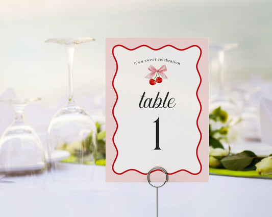 Cherry Sweet Table Number Cards Printable Template, Cherry on Top Theme Spring or Summer Party for girl, pink and red wavy soda shop decor