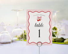  Cherry Sweet Table Number Cards Printable Template, Cherry on Top Theme Spring or Summer Party for girl, pink and red wavy soda shop decor