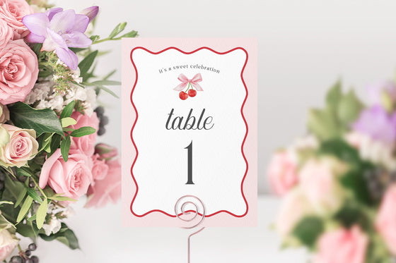 Cherry Sweet Table Number Cards Printable Template, Cherry on Top Theme Spring or Summer Party for girl, pink and red wavy soda shop decor