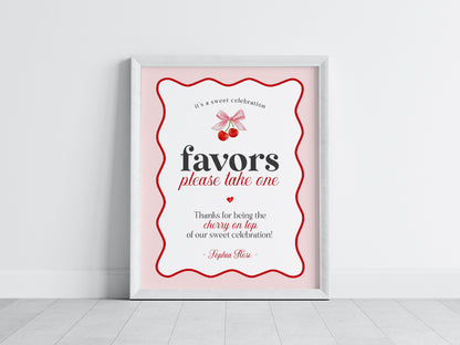 Cherry Sweet Cards & Gifts and Favors Sign Printable Template, Cherry on Top Theme Spring or Summer Party for girl pink - red wavy soda shop