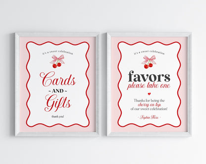 Cherry Sweet Cards & Gifts and Favors Sign Printable Template, Cherry on Top Theme Spring or Summer Party for girl pink - red wavy soda shop