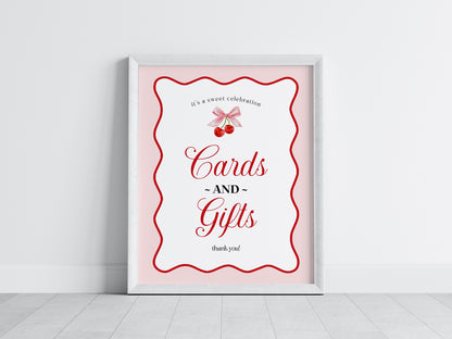 Cherry Sweet Cards & Gifts and Favors Sign Printable Template, Cherry on Top Theme Spring or Summer Party for girl pink - red wavy soda shop