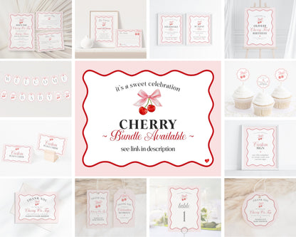 Cherry Sweet Baby Shower Banner Printable Template, Cherry on Top Theme Spring or Summer Party for girl, pink and red wavy soda shop decor