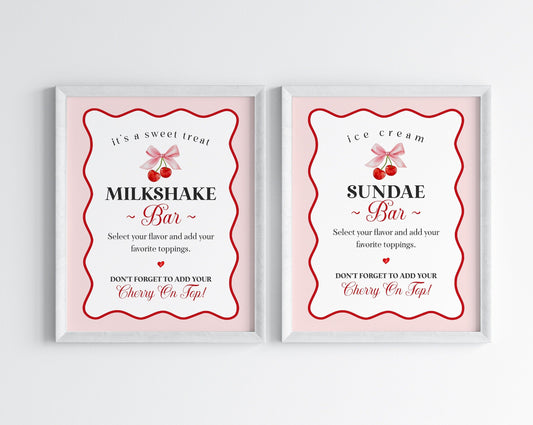 Cherry Sweet Milkshake & Ice Cream Sundae Bar Sign Printable Template, Cherry on Top Theme Spring or Summer Party for girl wavy soda shop