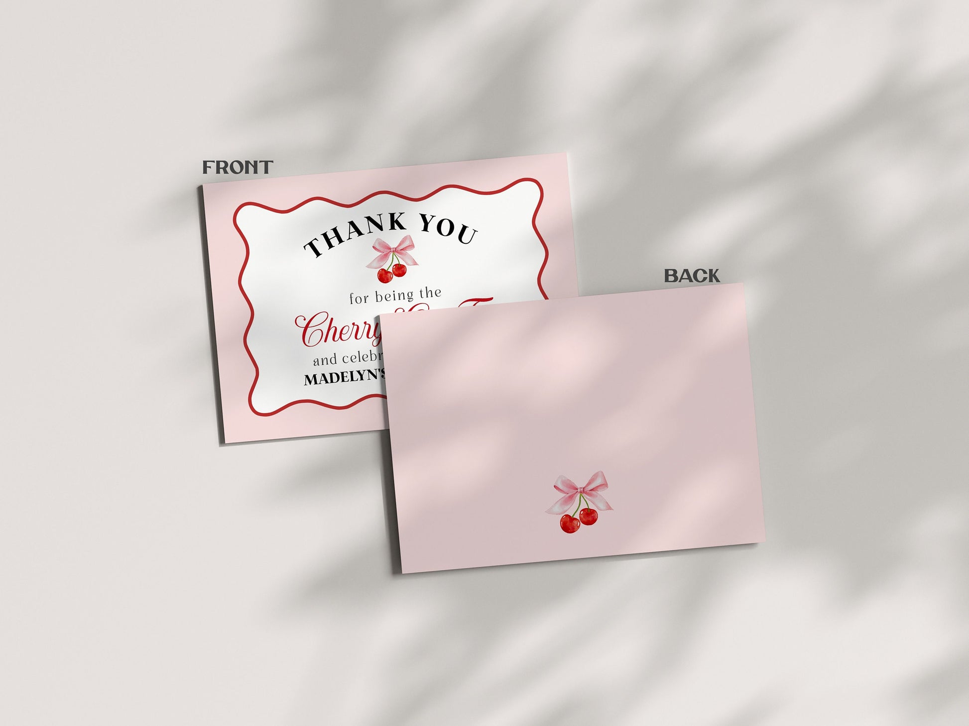 Cherry Sweet Thank You Card Printable Template, Cherry on Top Theme Spring or Summer Party for girl, pink and red wavy soda shop decor