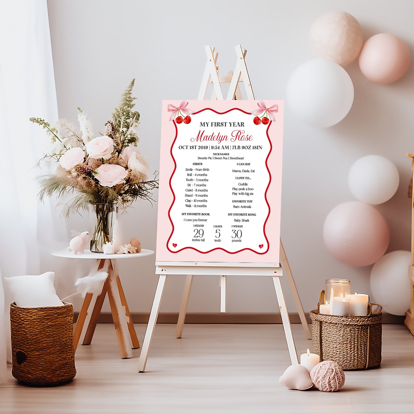 Cherry Sweet First Year Milestone Sign Printable Template, Cherry on Top Theme Spring or Summer Party for girl, pink and red soda shop decor