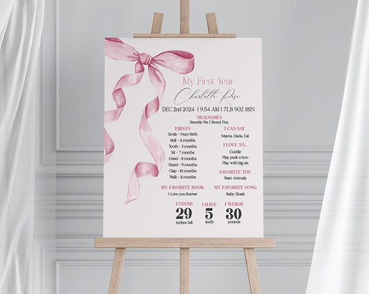 Pink Bow First Year Milestone Sign Printable Template, Watercolor preppy coquette bow theme party for fancy southern girl grandmillenial bow