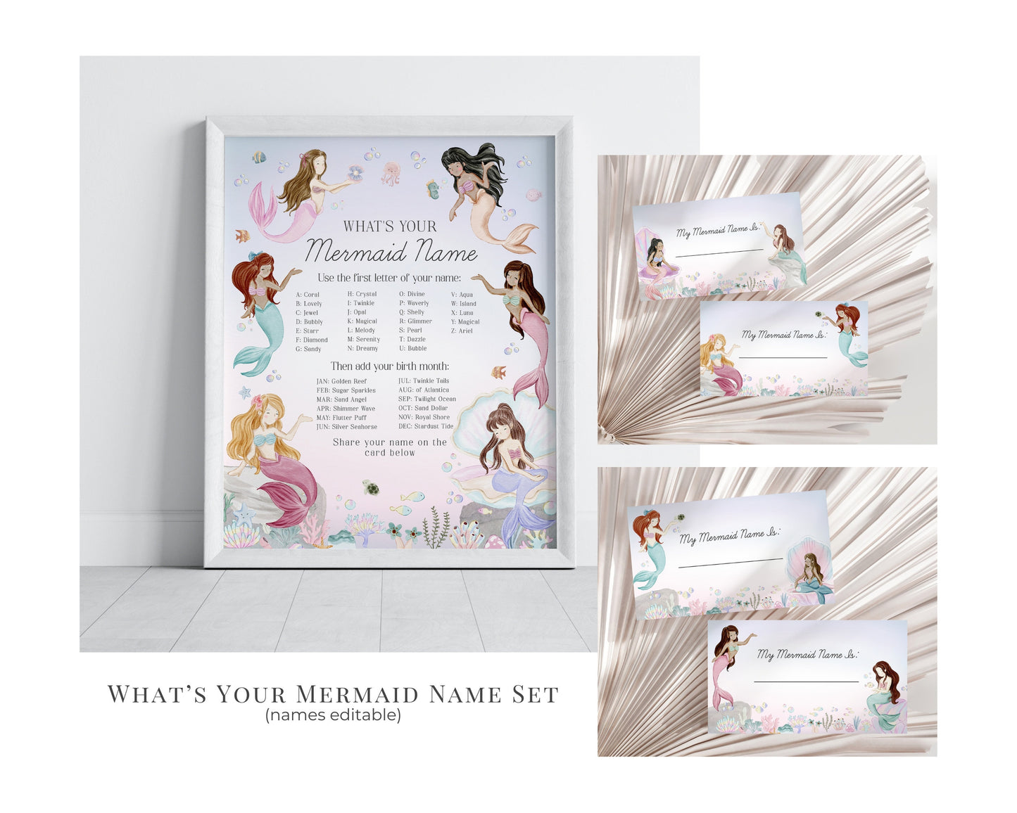 Mermaid First Birthday Party Bundle Printable Template, enchanted under the sea 1st birthday for girl, pastel magical mermaid pool party