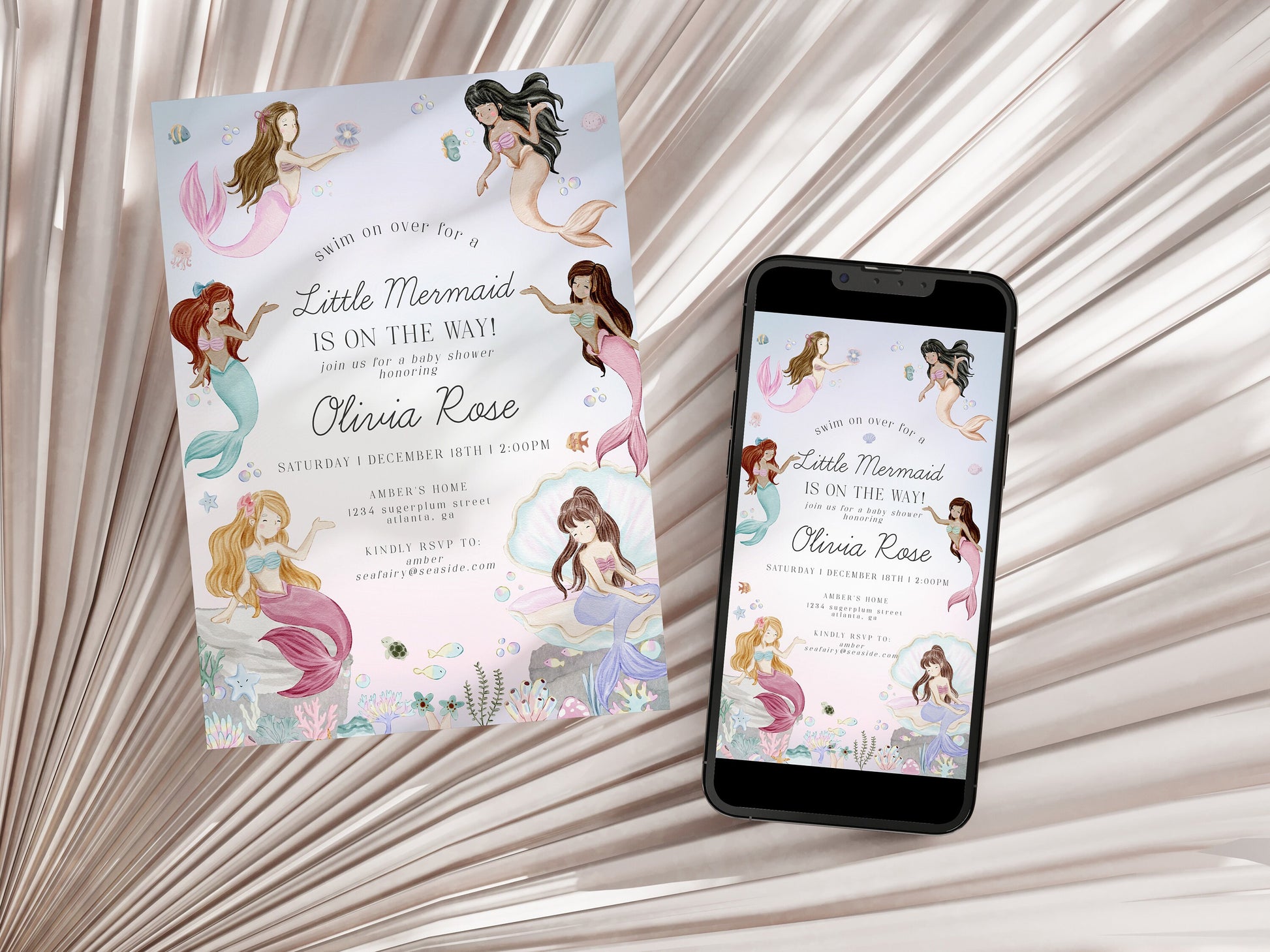 Mermaid Baby Shower Invitation Set Template, enchanted under the sea baby shower for girl, pastel magical mermaid underwater party