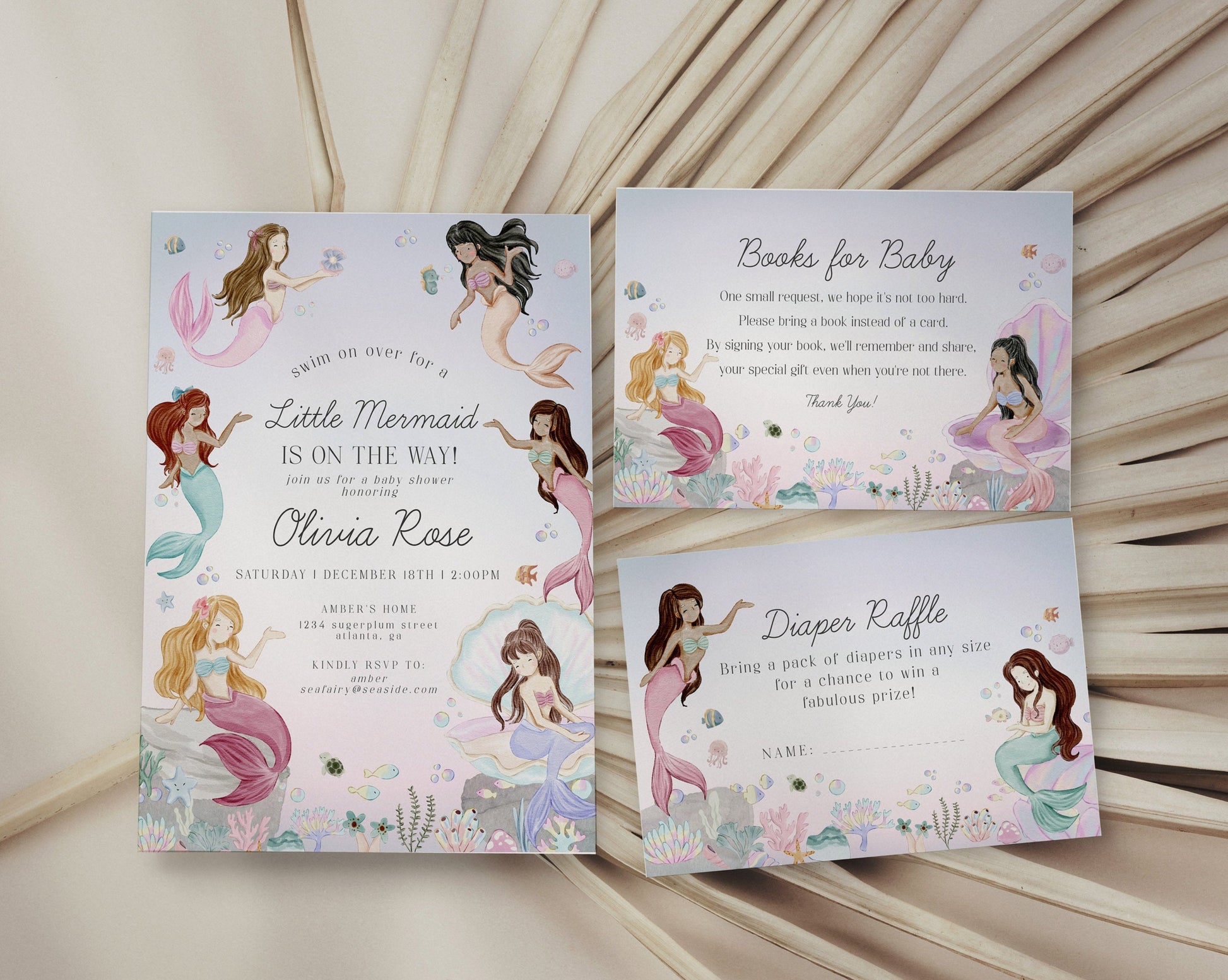 Mermaid Baby Shower Invitation Set Template, enchanted under the sea baby shower for girl, pastel magical mermaid underwater party