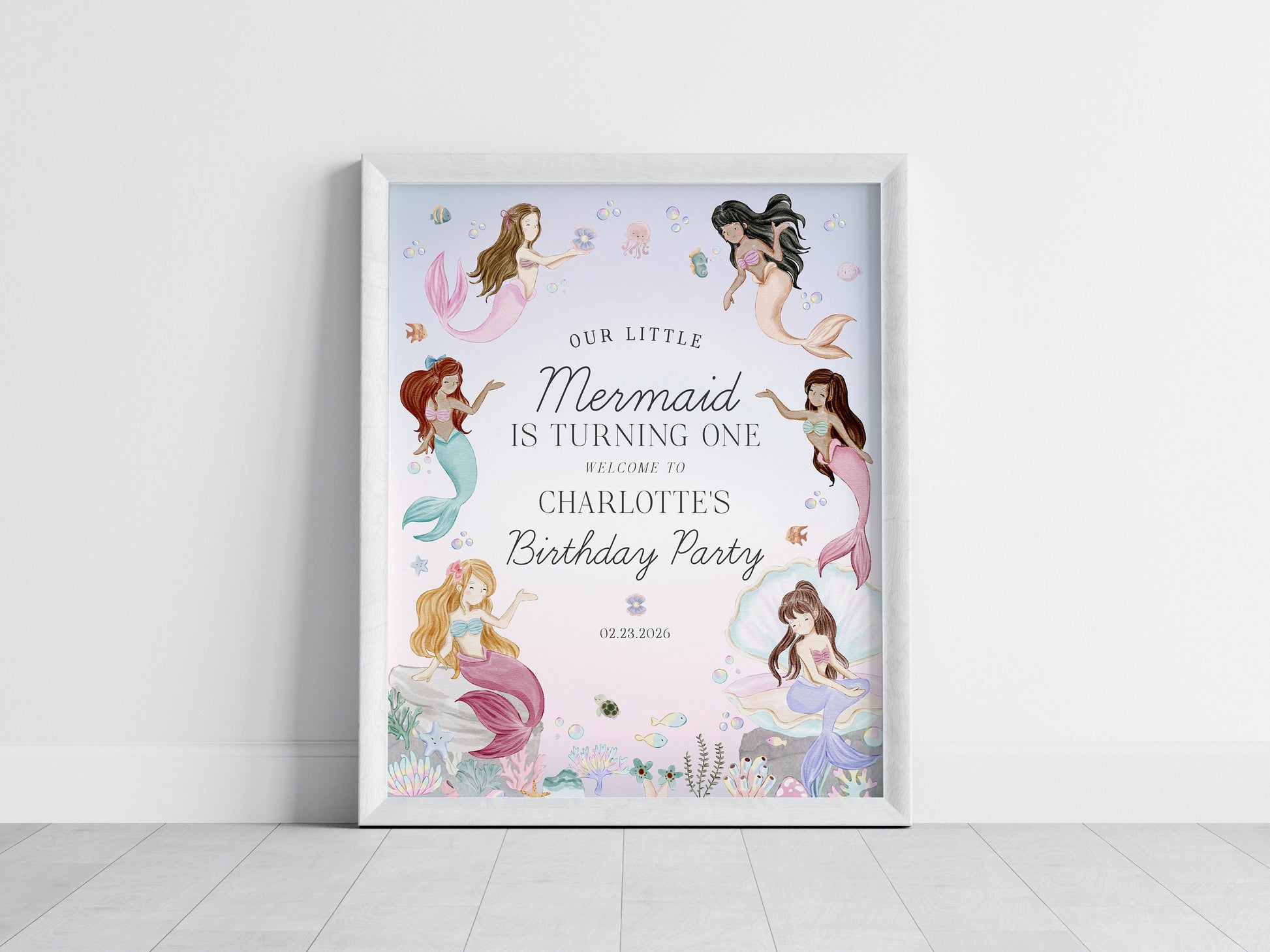 Mermaid Birthday Welcome Sign Template, enchanted under the sea birthday party for girl, pastel magical mermaid pool party, onder the sea