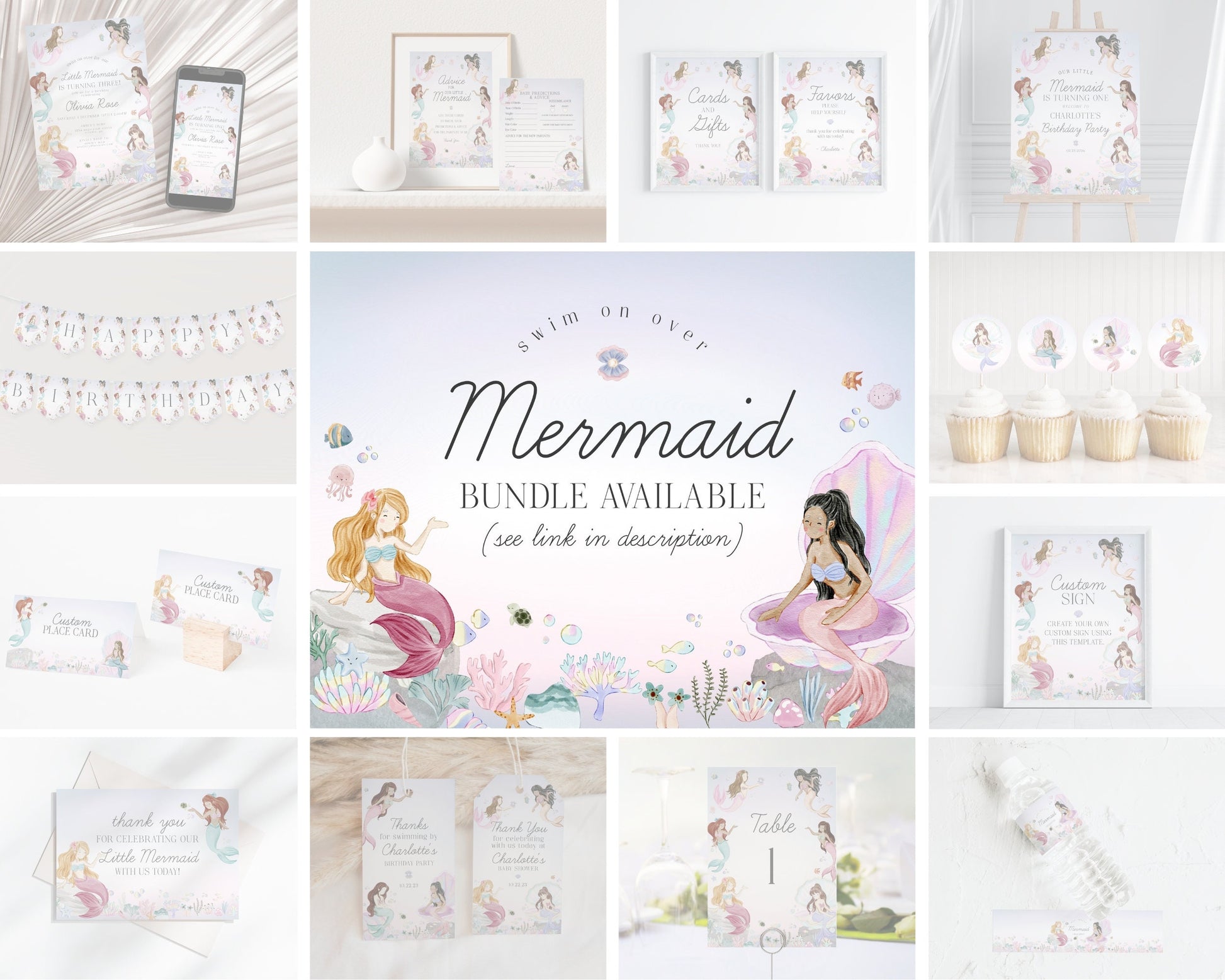 Mermaid Baby Shower Welcome Sign Template, enchanted under the sea baby shower for girl, pastel magical mermaid party