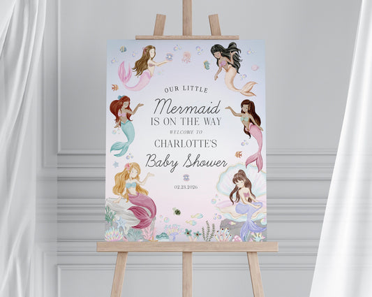 Mermaid Baby Shower Welcome Sign Template, enchanted under the sea baby shower for girl, pastel magical mermaid party