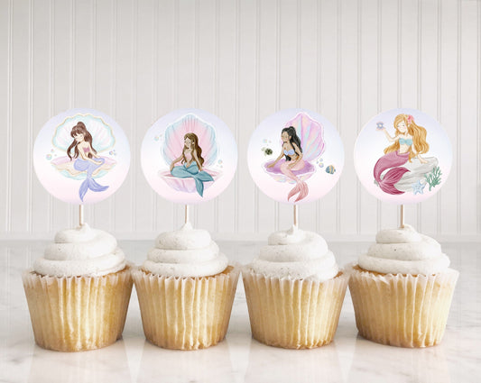 Mermaid Cupcake Toppers Printable Template Baby Shower or Birthday, enchanted under the sea baby shower for girl, magical mermaid pool party