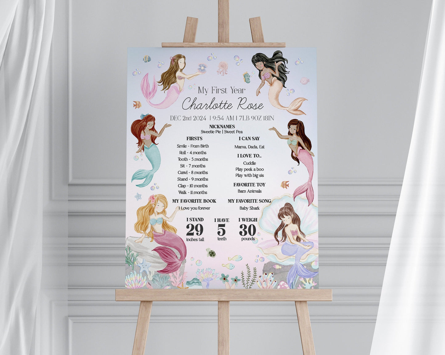 Mermaid My First Year Milestone Sign Template, enchanted under the sea birthday party for girl, pastel magical mermaid oneder the sea party