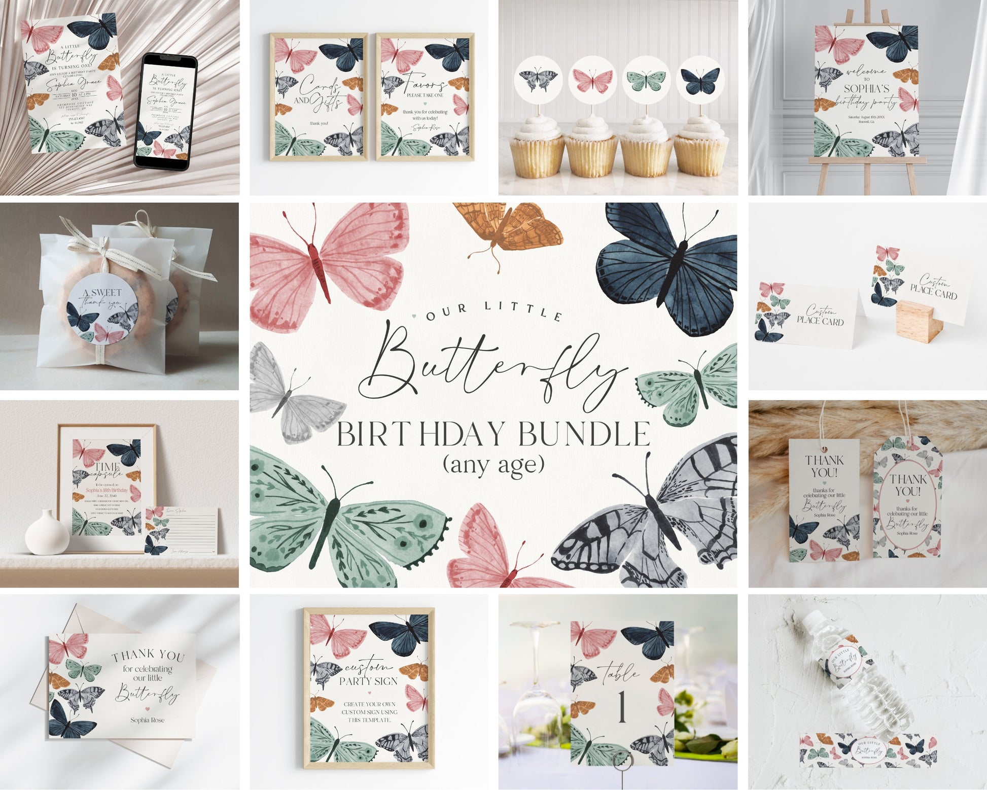 Boho Butterfly Birthday Bundle Printable Template, enchanted butterfly party for fall spring girl birthday, little butterfly kisses birthday