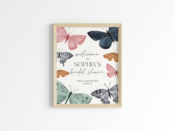 Boho Butterfly Bridal Shower Welcome Sign Template, Enchanted butterfly kisses party for fall spring bridal brunch, summer garden party
