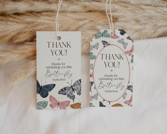 Boho Butterfly Favor Tags Printable Template, enchanted garden tags for birthday baby shower or summer garden bridal shower little butterfly