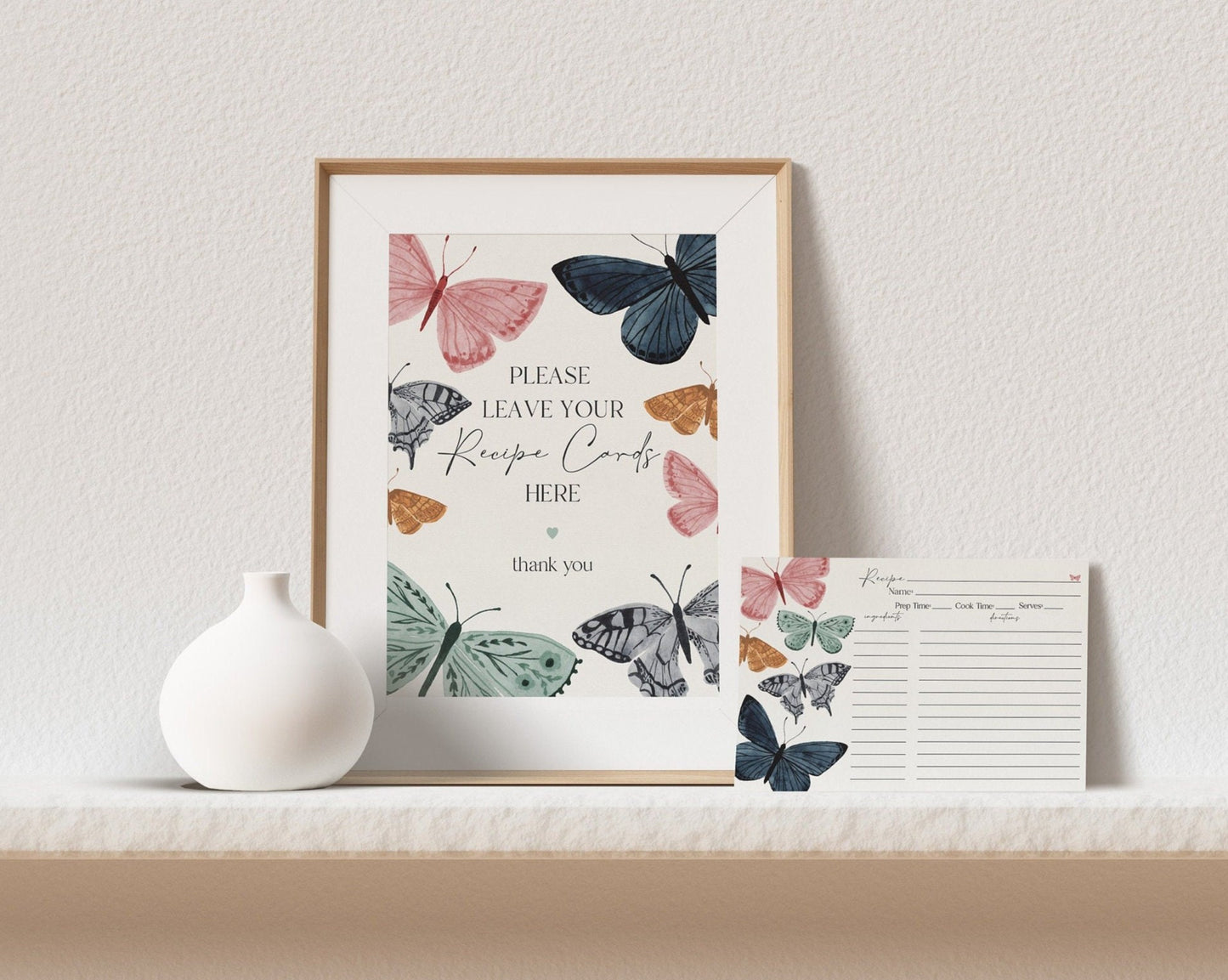 Boho Butterfly Recipe Card Printable Template for Bridal Shower, Enchanted garden bridal shower party, flutter on over little butterfly