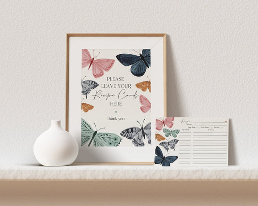 Boho Butterfly Recipe Card Printable Template for Bridal Shower, Enchanted garden bridal shower party, flutter on over little butterfly