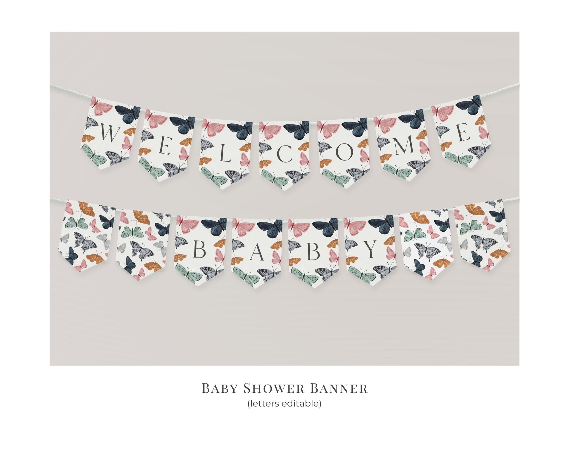 Boho Butterfly Baby Shower Banner Printable Template, enchanted garden butterfly kisses for fall spring party for girl, flutter on over