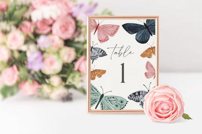 Boho Butterfly Table Number Card Printable Template, enchanted summer garden party table decor for baby shower, birthday, or bridal shower