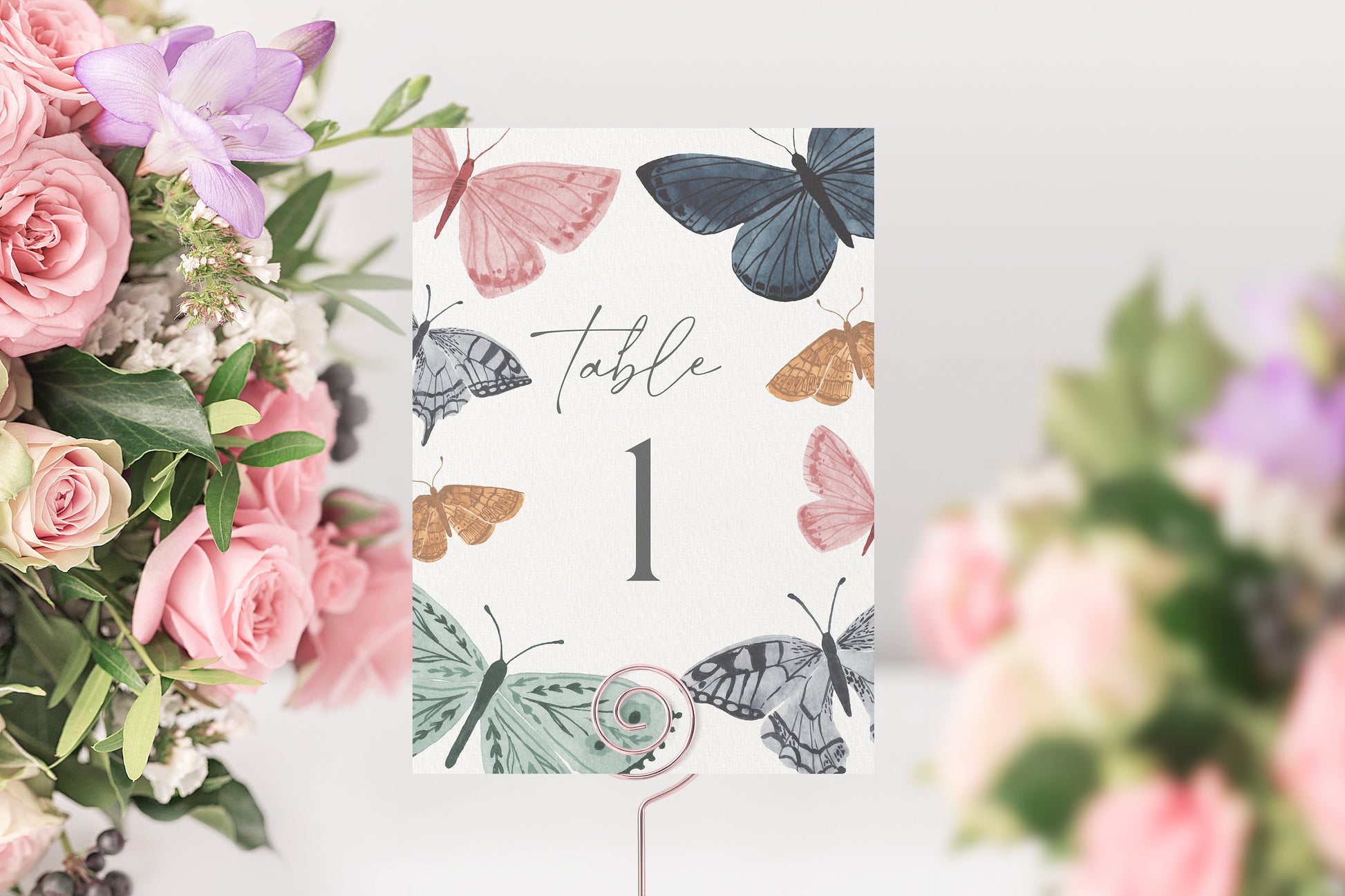 Boho Butterfly Table Number Card Printable Template, enchanted summer garden party table decor for baby shower, birthday, or bridal shower