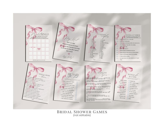 Pink Bow Bridal Shower Bundle Printable Template, Watercolor preppy coquette bow theme party for fancy southern girl, grandmillenial bow