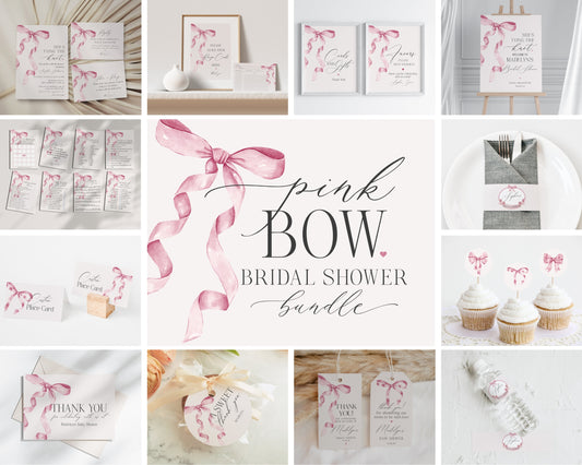 Pink Bow Bridal Shower Bundle Printable Template, Watercolor preppy coquette bow theme party for fancy southern girl, grandmillenial bow