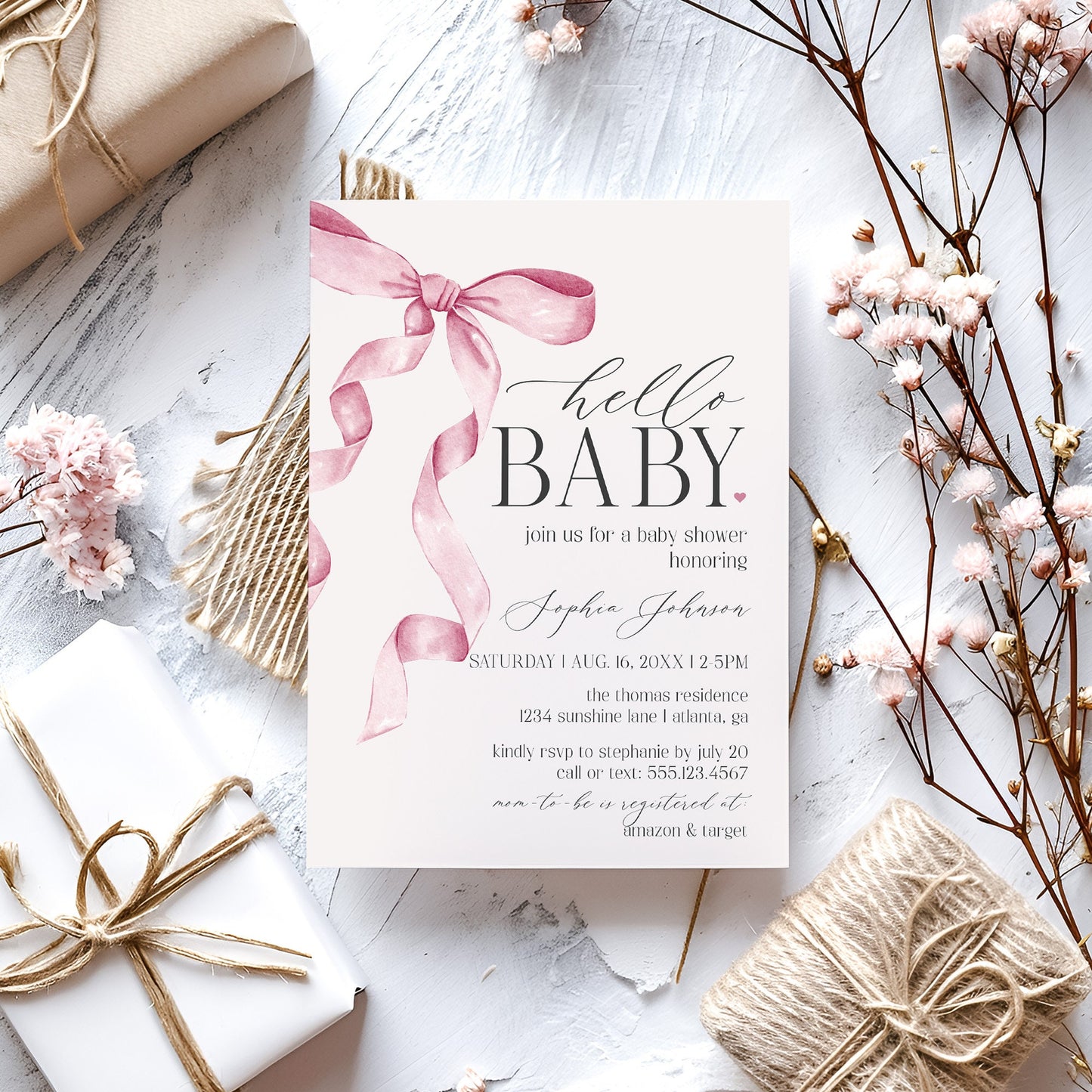 Pink Bow Baby Shower Invitation Printable Template, Watercolor preppy coquette bow theme party for fancy southern girl, grandmillenial bow