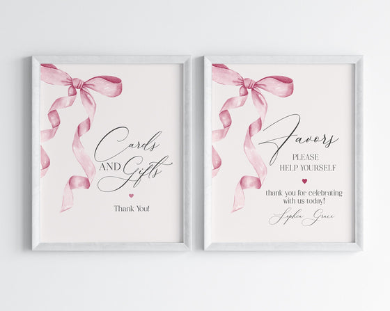 Pink Bow Cards & Gifts and Favors Sign Printable Template, Watercolor preppy coquette bow theme party for fancy southern girl grandmillenial