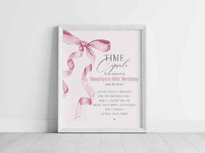 Pink Bow Time Capsule Printable Template, Watercolor preppy coquette bow theme party for fancy southern girl, fancy grandmillenial bow decor