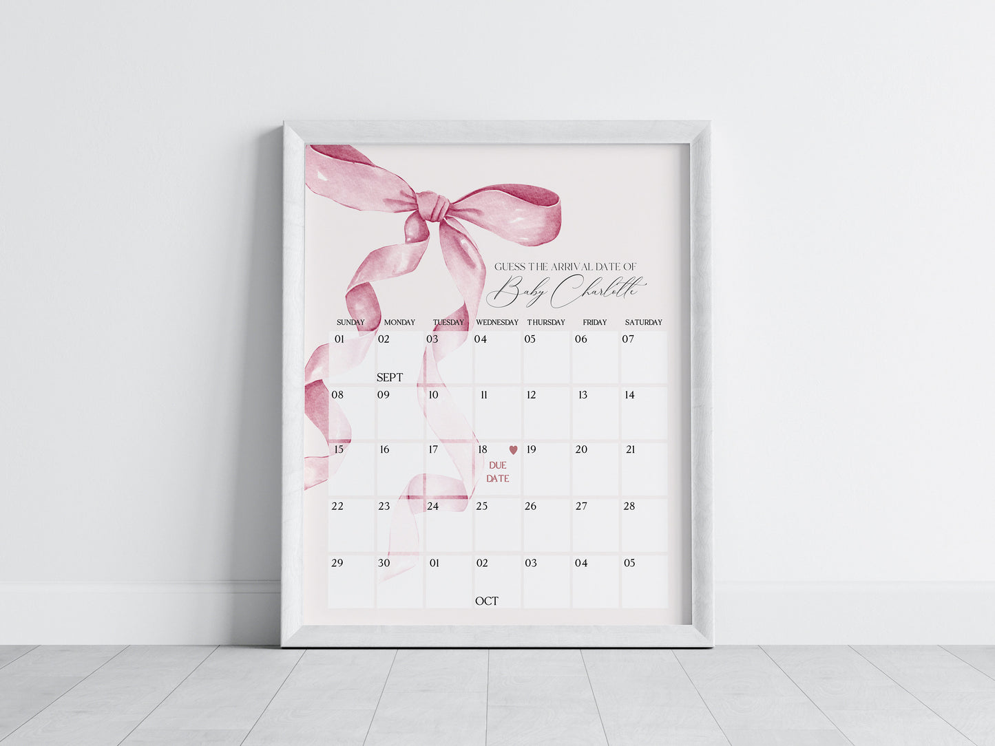 Pink Bow Baby Shower Guess the Date Game Template, Watercolor preppy coquette bow theme party for fancy southern girl grandmillenial bow